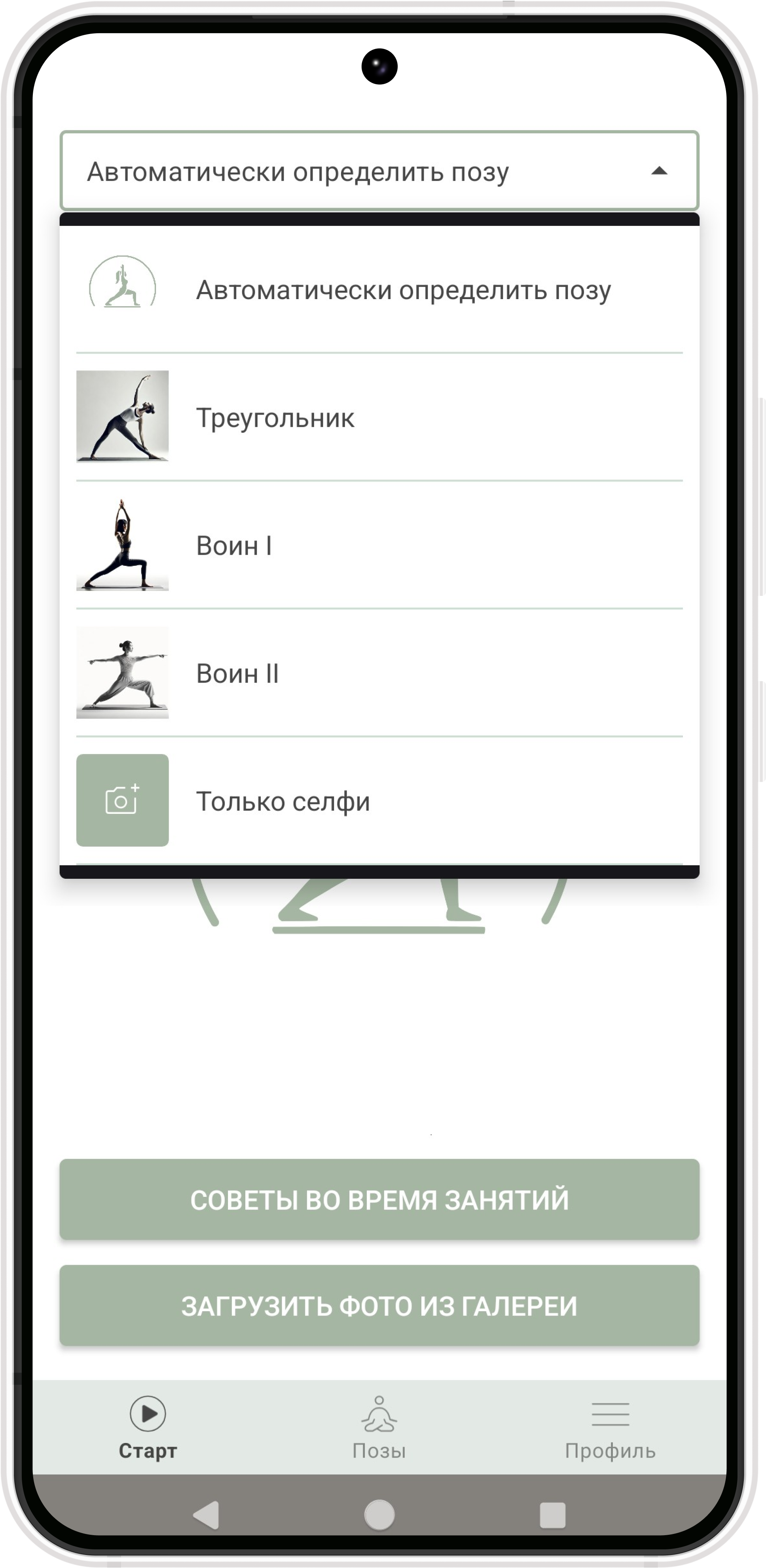 Меню выбора позы